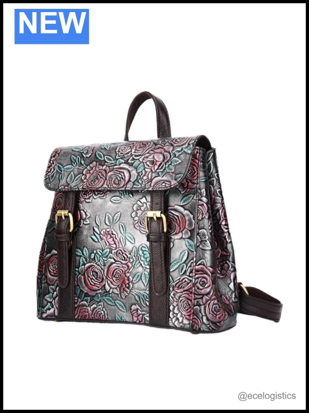 Genuine Leather Convertible Backpack Purse Vintage Embossed Rose Design Travel